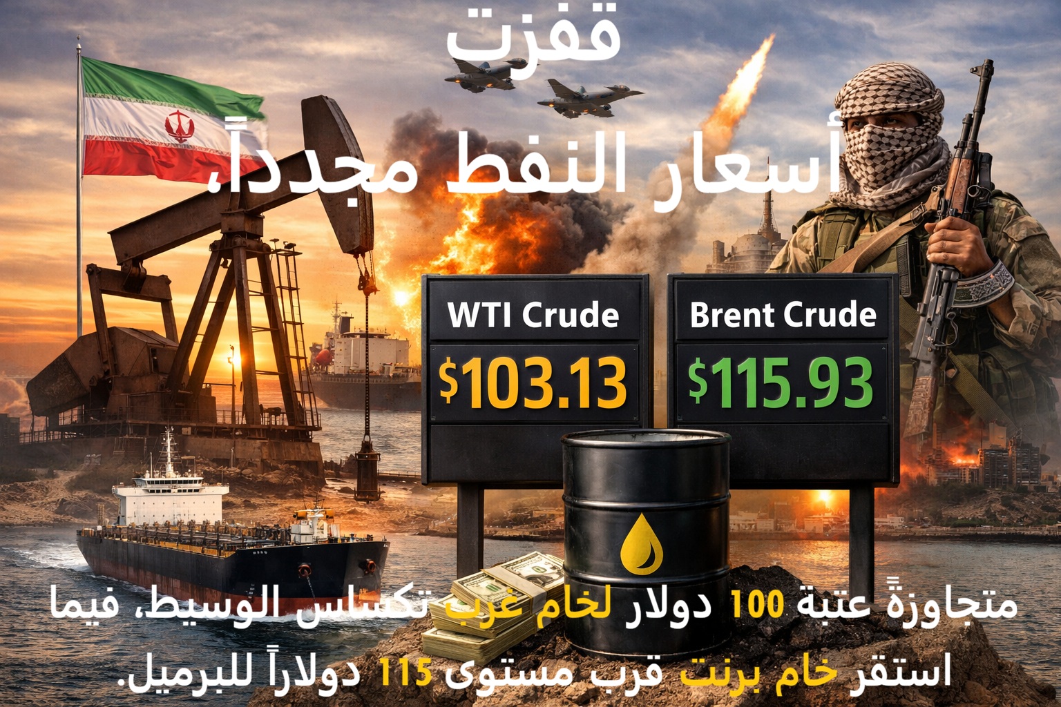 قفزت أسعار النفط مجدداً، متجاوزةً عتبة 100 دولار لخام غرب تكساس الوسيط، فيما استقر خام برنت قرب مستوى 115 دولاراً للبرميل.